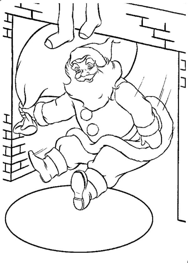 Mikołaj jest już w kominku z worem prezentów kolorowanka do druku